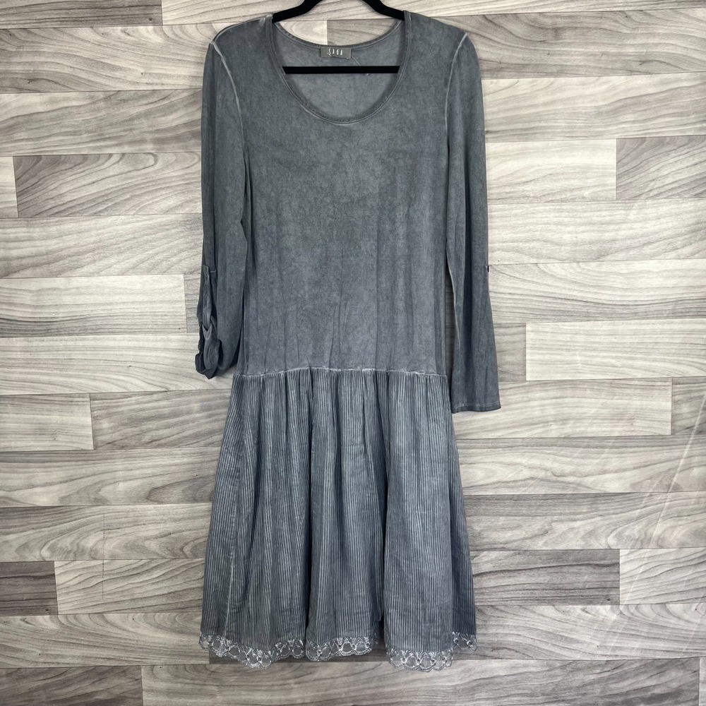 SAGA Dress Womens Medium Gray Lace Trim Roll Tab Sleeve Round‎ Neck Lagenlook